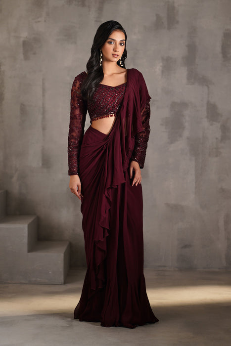 Wine embroidered blouse, draped ruffle saree