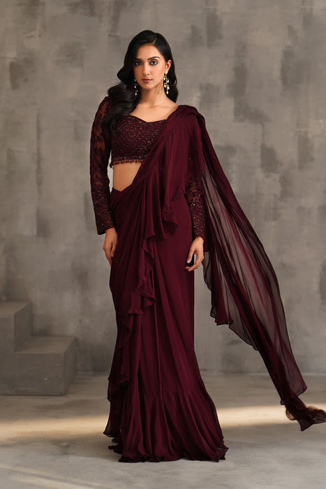 Wine embroidered blouse, draped ruffle saree