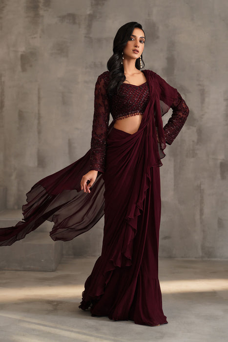 Wine embroidered blouse, draped ruffle saree