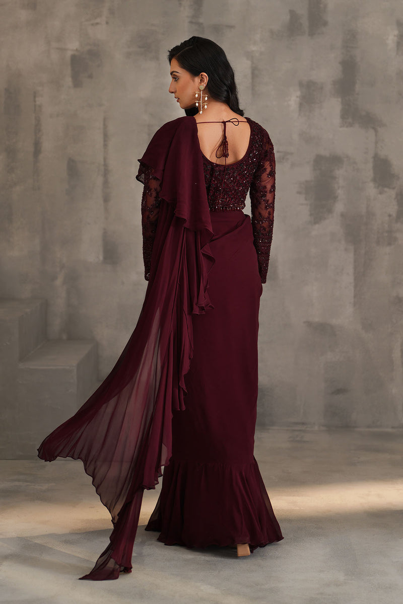 Wine embroidered blouse, draped ruffle saree