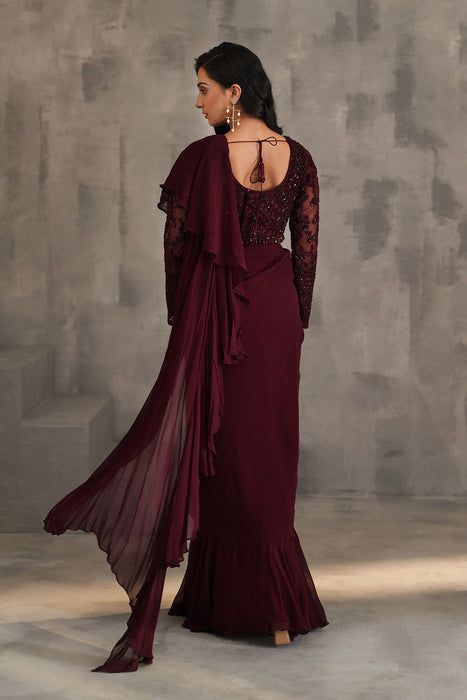 Wine embroidered blouse, draped ruffle saree
