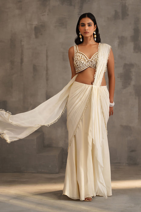 Ivory embroidered blouse, Stitched draped saree