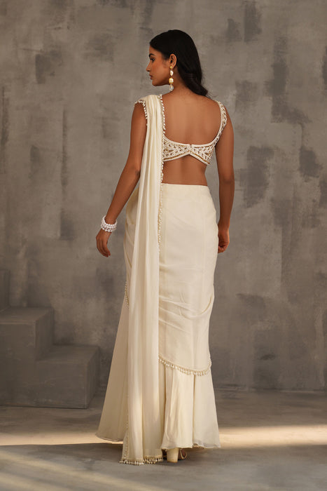 Ivory embroidered blouse, Stitched draped saree