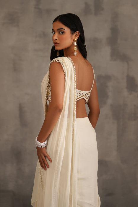 Ivory embroidered blouse, Stitched draped saree