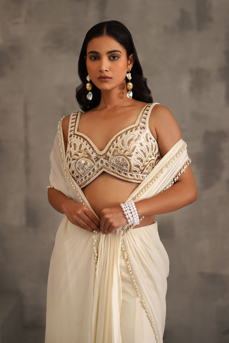 Ivory embroidered blouse, Stitched draped saree