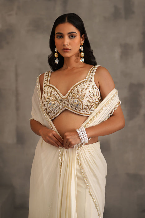 Ivory embroidered blouse, Stitched draped saree