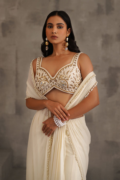 Ivory embroidered blouse, Stitched draped saree