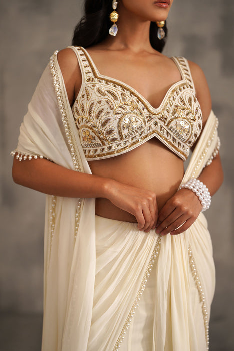 Ivory embroidered blouse, Stitched draped saree