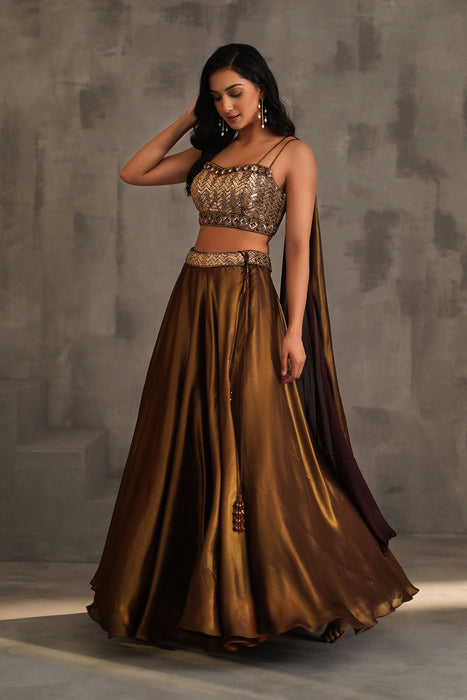 Bronze embroidered bustier and Lehanga
