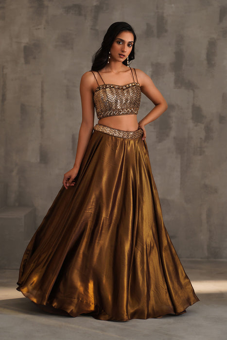 Bronze embroidered bustier and Lehanga