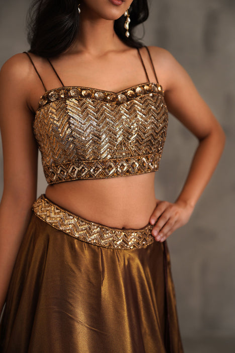 Bronze embroidered bustier and Lehanga