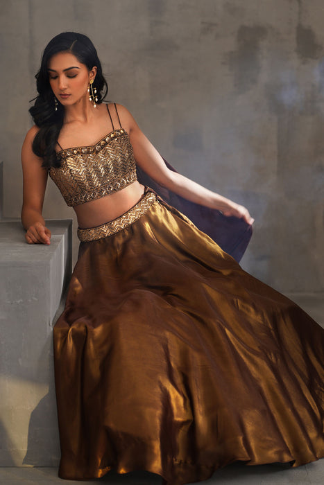Bronze embroidered bustier and Lehanga