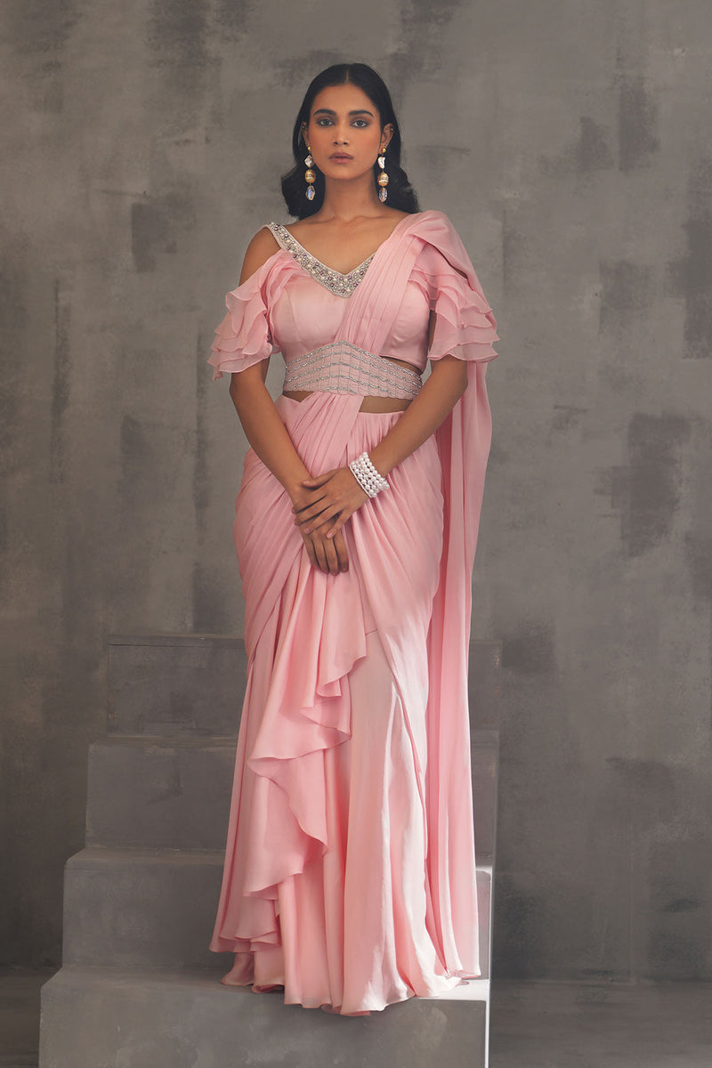 Baby pink embroidered blouse,Draped saree