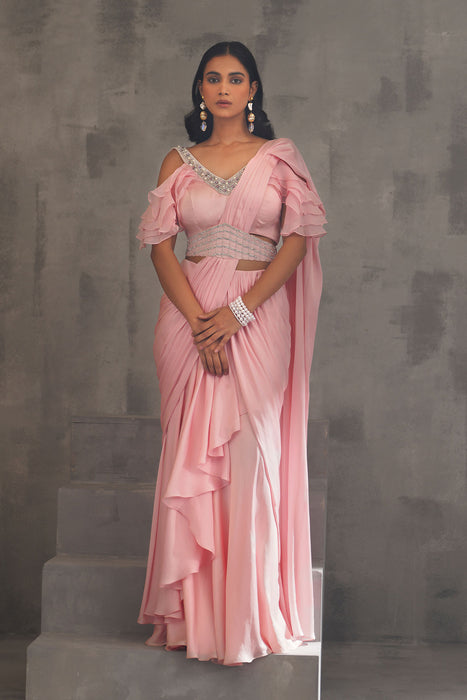 Baby pink embroidered blouse,Draped saree