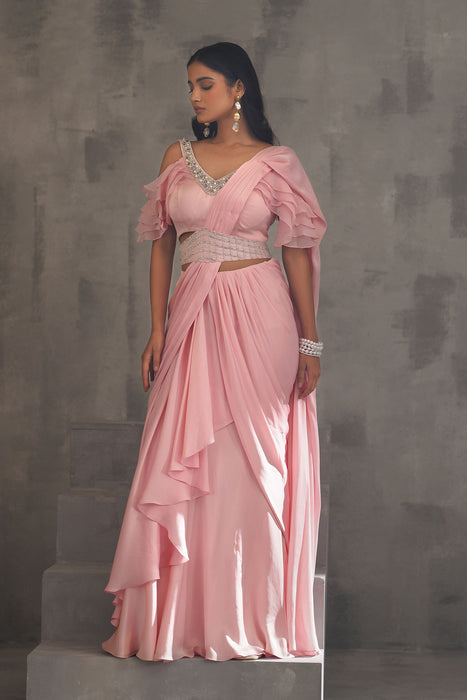 Baby pink embroidered blouse,Draped saree