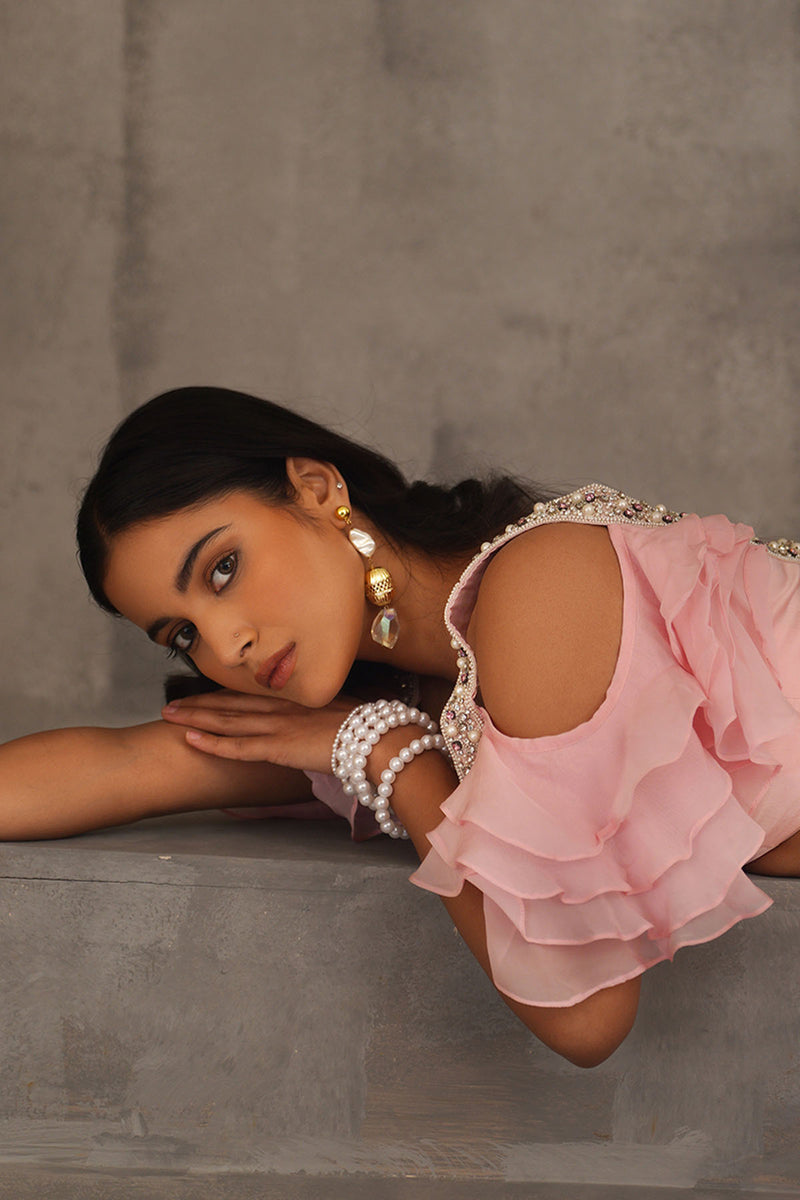 Baby pink embroidered blouse,Draped saree