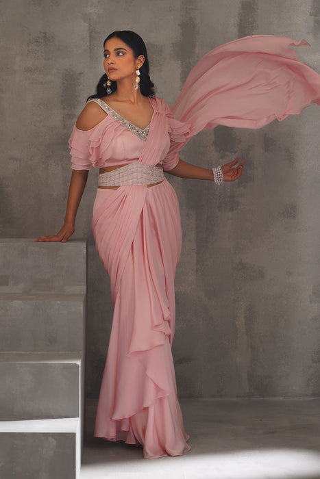 Baby pink embroidered blouse,Draped saree