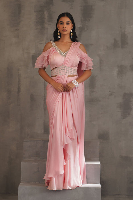 Baby pink embroidered blouse,Draped saree