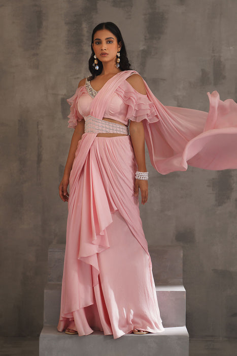 Baby pink embroidered blouse,Draped saree