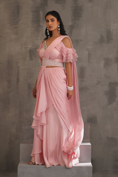 Baby pink embroidered blouse,Draped saree