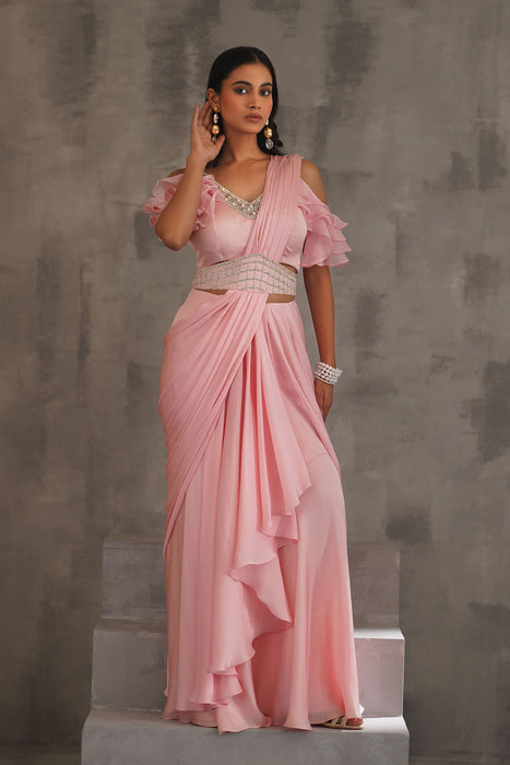 Baby pink embroidered blouse,Draped saree