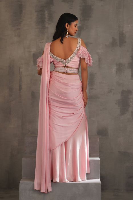 Baby pink embroidered blouse,Draped saree