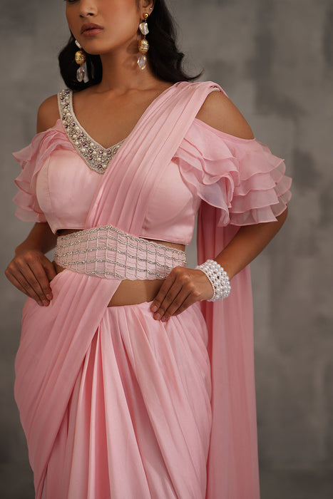 Baby pink embroidered blouse,Draped saree