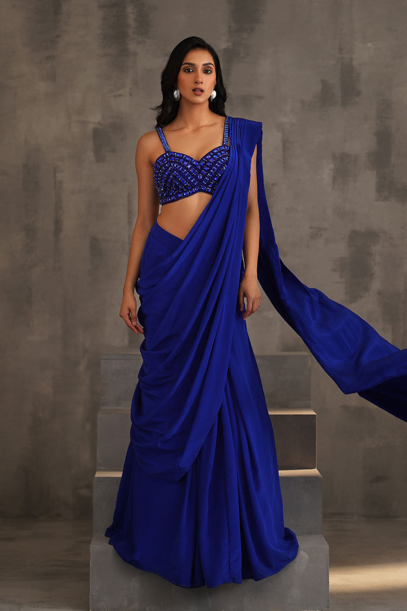 Royal blue embroidered blouse and drape saree