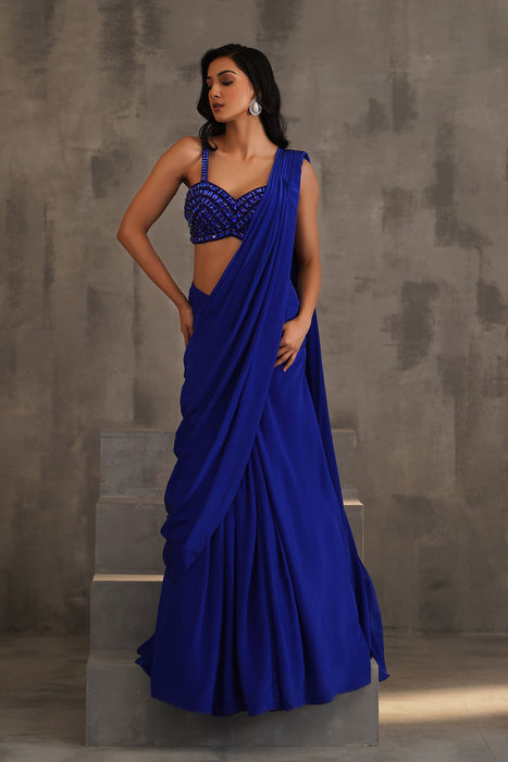 Royal blue embroidered blouse and drape saree