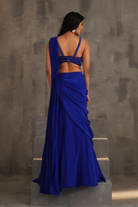 Royal blue embroidered blouse and drape saree