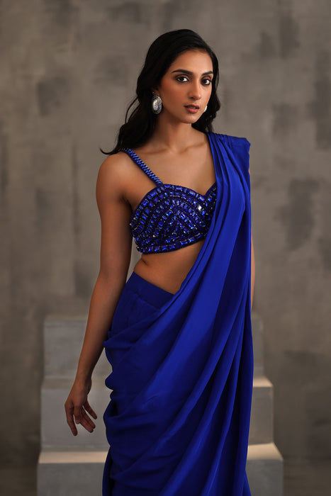Royal blue embroidered blouse and drape saree