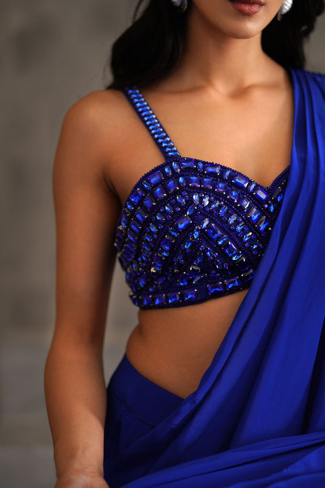 Royal blue embroidered blouse and drape saree