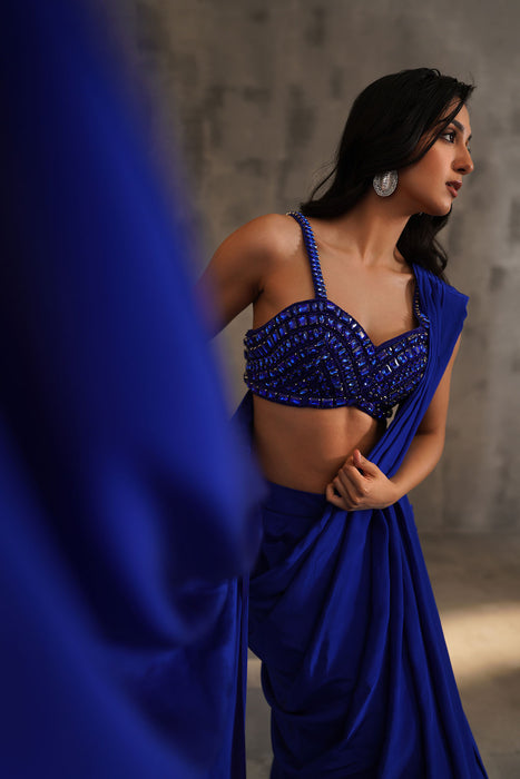 Royal blue embroidered blouse and drape saree