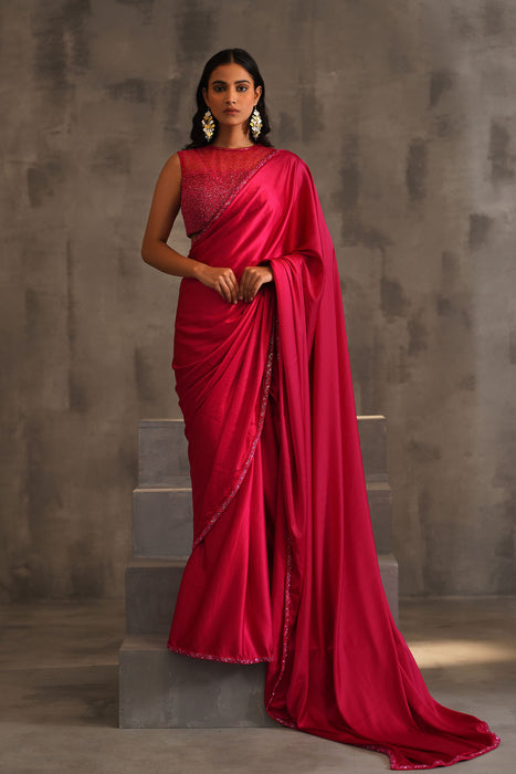Fuchsia embroidered blouse, Pre pleated saree