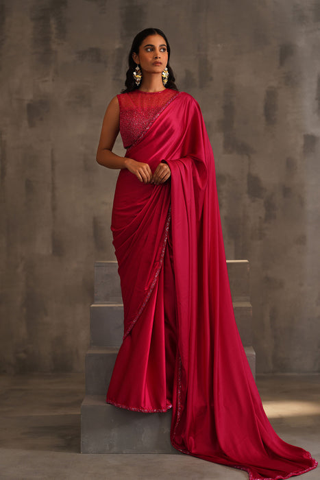 Fuchsia embroidered blouse, Pre pleated saree