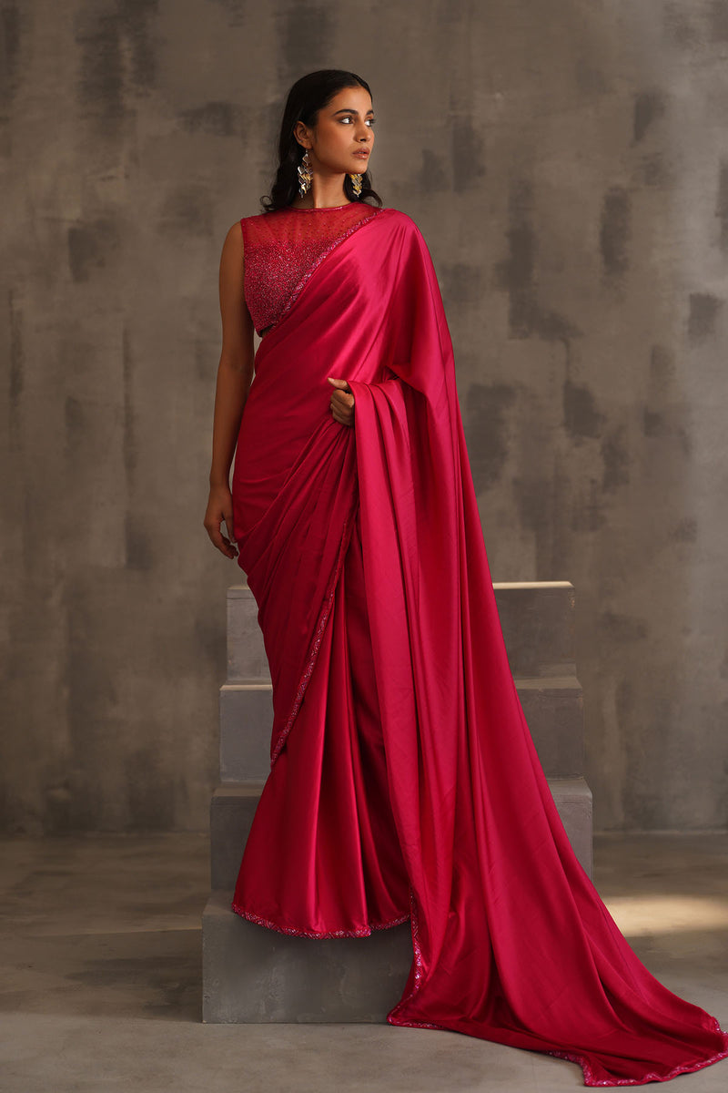 Fuchsia embroidered blouse, Pre pleated saree