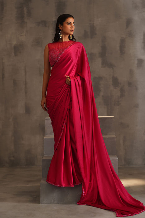 Fuchsia embroidered blouse, Pre pleated saree