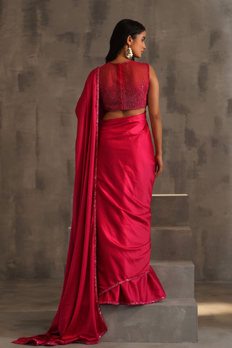 Fuchsia embroidered blouse, Pre pleated saree