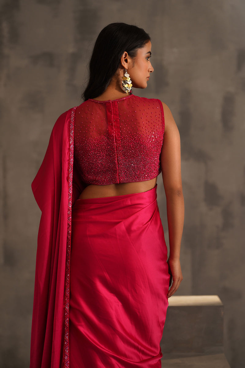 Fuchsia embroidered blouse, Pre pleated saree