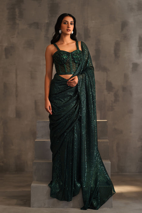 Bottle green embroidered corset and drape saree