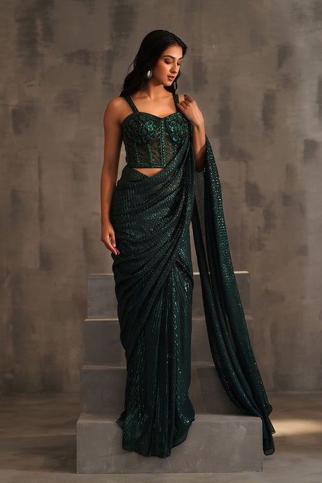 Bottle green embroidered corset and drape saree