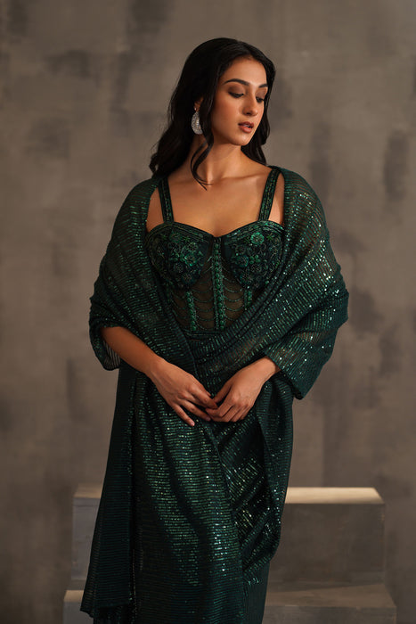 Bottle green embroidered corset and drape saree