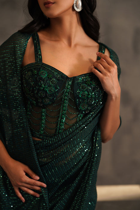 Bottle green embroidered corset and drape saree