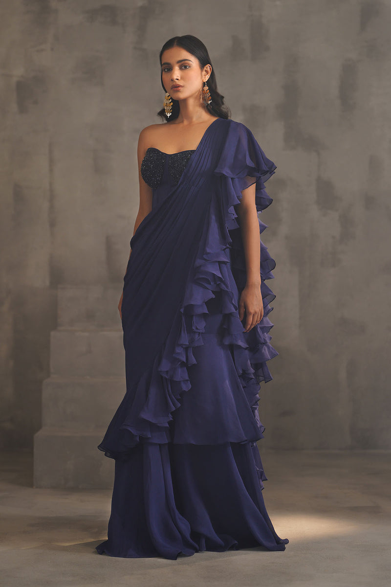 Navy blue embroidered bustier and drape saree