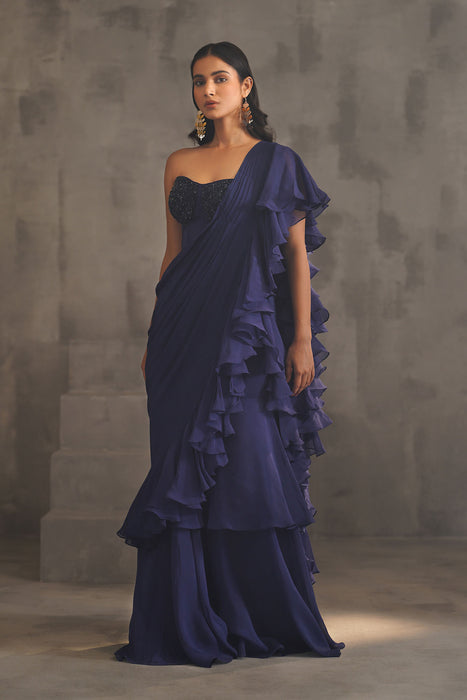 Navy blue embroidered bustier and drape saree