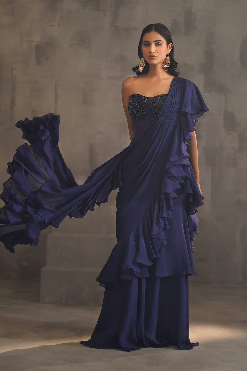 Navy blue embroidered bustier and drape saree