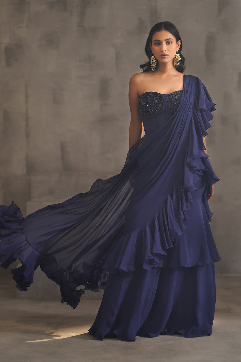 Navy blue embroidered bustier and drape saree