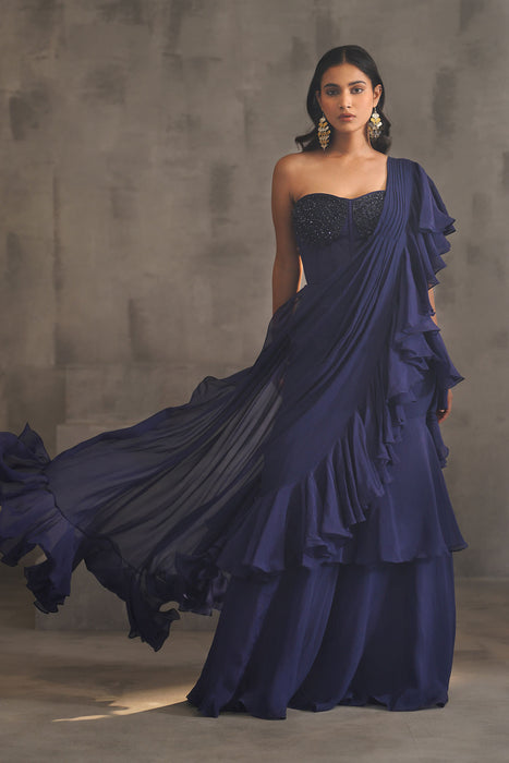 Navy blue embroidered bustier and drape saree