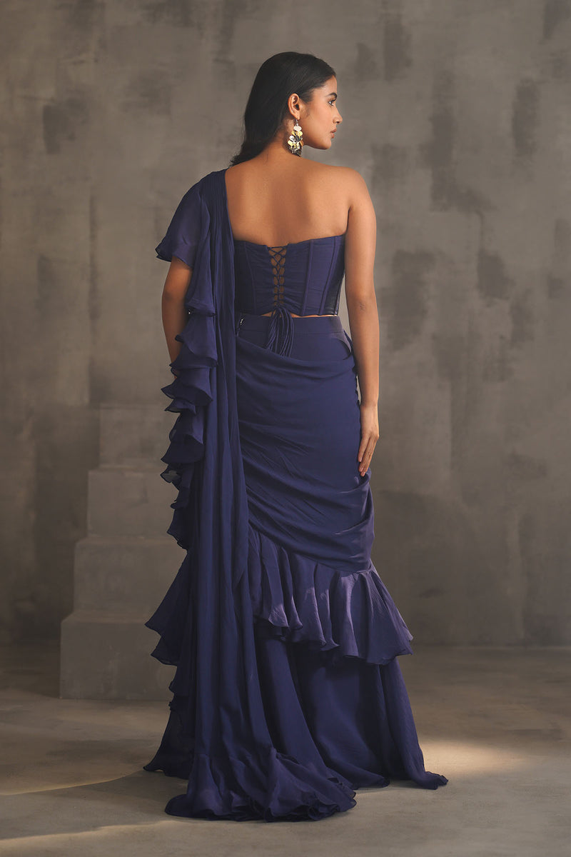 Navy blue embroidered bustier and drape saree