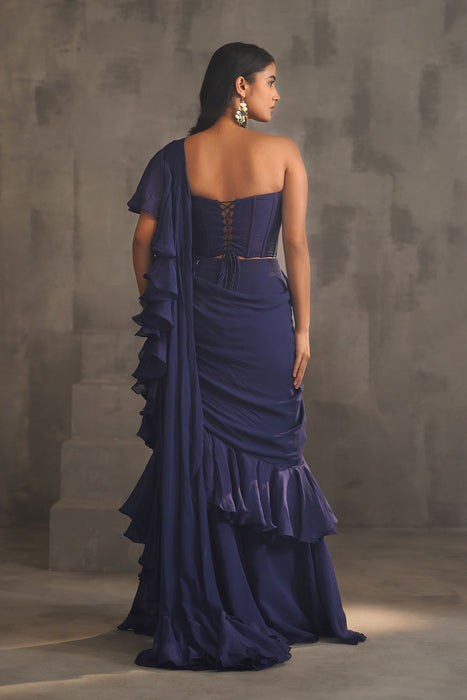 Navy blue embroidered bustier and drape saree